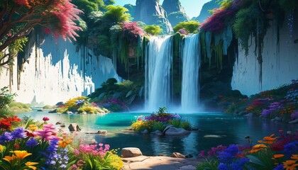 A breathtaking paradise landscape with exquisite gardens, shimmering waterfalls, and colorful flowers, presenting a magical and idyllic view inspired by Eden's charm, Generative AI