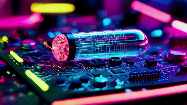 Close-up of a transparent cylinder with red glowing light, placed on a blue circuit board, lit by pink and blue neon lights.