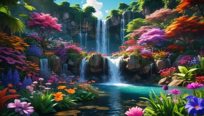A captivating paradise landscape featuring exquisite gardens, flowing waterfalls, and colorful flowers, presenting a magical scene inspired by the beauty of Eden, Generative AI