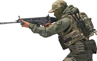 army soldier with balaclava and rifle firing at the target terror attack assassination 3d render
