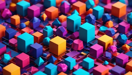 Obraz premium An imaginative abstract background filled with vibrant 3D geometric shapes, utilizing a spectrum of saturated colors to enhance the visual appeal, Generative AI