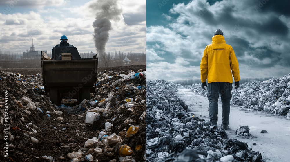 Poster a close-up comparison of waste sorting: on one side, workers handle dirty, unsorted trash in a chaot