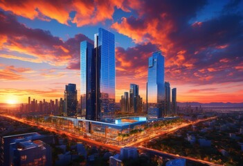 Obraz premium stunning urban skyline featuring modern architectural designs business retreats lavish corporate spaces, architecture, city, buildings, landscape