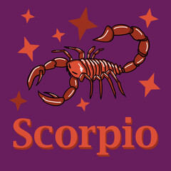 Vector hand drawn illustration of Scorpio zodiac sign. Hand drawn illustration, colorful, abstract, animal, poisonous, thorn, poison. Zodiac sign - Scorpio. Inscription scorpion.