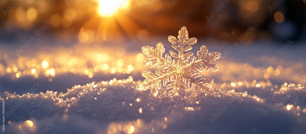 Poster close-up of a sparkling snowflake resting on a bed of snow with a warm, sunlit background.