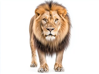 A full-body portrait of a lion standing confidently, isolated on a white background. His fierce gaze and powerful stance capture the essence of the king of the savanna. Perfect for wildlife lovers.
