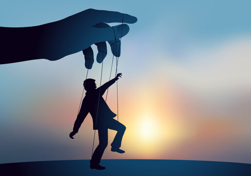 Concept de la manipulation de l&rsquo;opinion, avec le symbole d&rsquo;un homme transform&eacute; en marionnette qui ob&eacute;it &agrave; l&rsquo;autorit&eacute;.