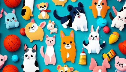 A fun seamless pattern with adorable pets, toys, and playful elements, perfect for kids' clothing and accessories, Generative AI