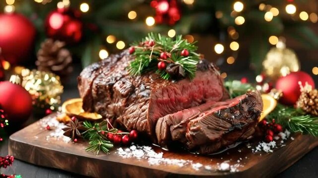 Delicious roasted beef served with Christmas holiday decorations.