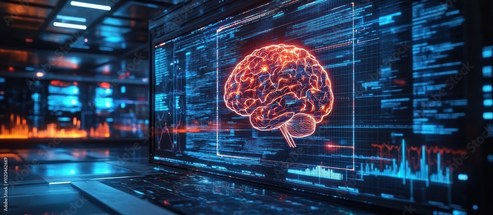Poster close-up of a laptop screen displaying a digital brain with a blue and red background.