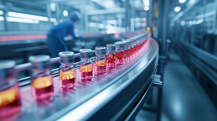 Fototapeta premium A high-speed conveyor belt packed with transparent medicine vials filled with bright-colored liquid, zooming through a sterile, high-tech production facility. Automated machines wo