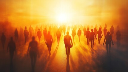 Fototapeta premium artistic silhouette capturing the essence of a diverse group of people advancing towards a radiant light source,
