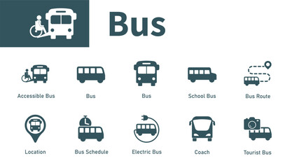 Bus icon. Solid vector symbol set on the theme of transportation, public transport, coach.