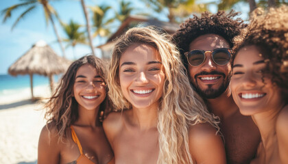 Fototapeta premium Group of friends smiling on beach while enjoying summer vacation