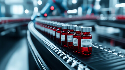 A close-up of medicine vials moving along a conveyor belt in a sleek, sterile pharmaceutical production environment. The vials are filled with liquid, sealed by robotic arms, and l