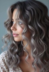 A striking close-up reveals luscious gray ash curls, glistening with shine. The soft waves cascade elegantly, highlighting the hair's texture and beauty in gentle natural light. Generative AI