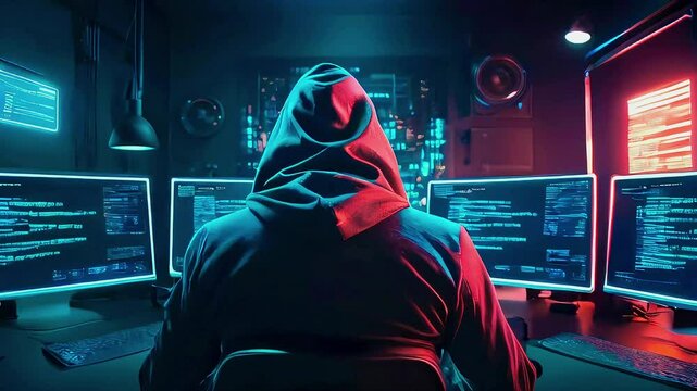 Hacker working late at night in a dimly lit room with multiple computer screens displaying code.