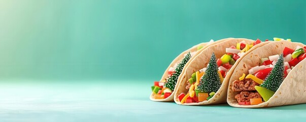 Create festive tacos with Christmas trees on vibrant backgrounds