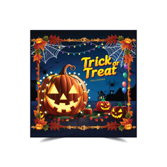 Happy Halloween poster banner night scene with halloween pumpkin smiley face and festive decoration for Trick or Treat Celebrations, Holiday Parties template vectotr design
