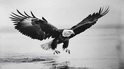 Obraz premium A majestic eagle soaring above water, showcasing its powerful wings in black and white.