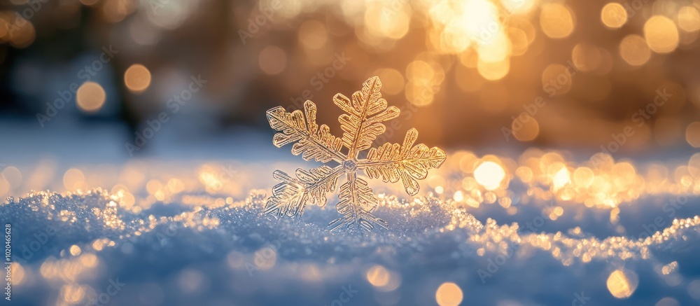 Aufkleber a single snowflake rests in the soft, white snow, bathed in the warm glow of the setting sun. the ba