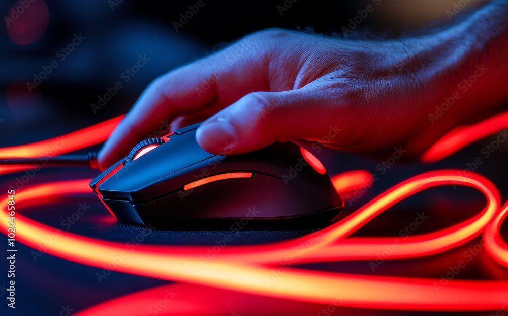 Fototapete Wireless game mouse with techno light as movement line on dark background