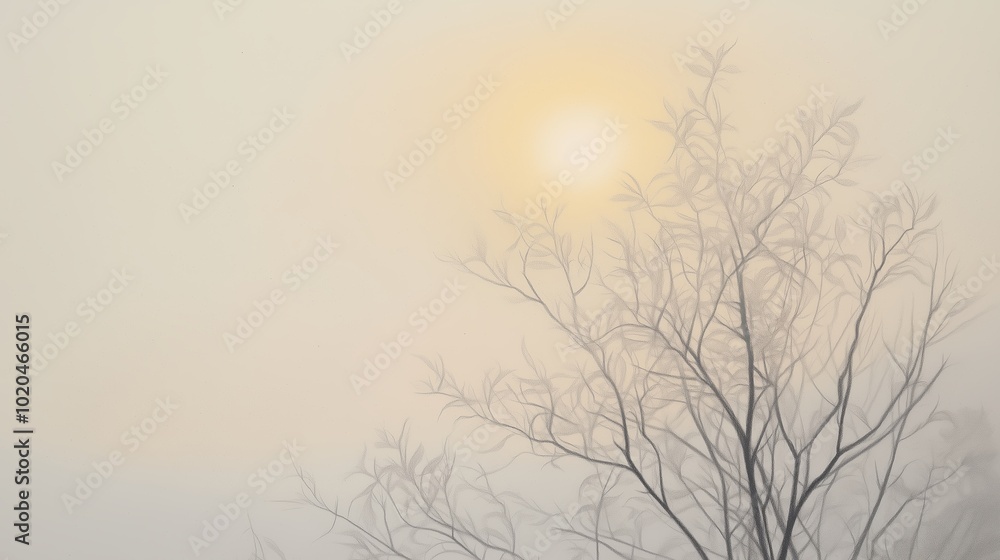 Aufkleber a silhouette of a barren tree against a hazy backdrop at dawn with the sun barely visible through th
