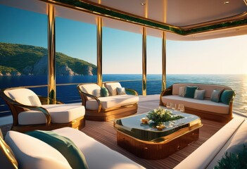 Fototapeta premium luxurious yacht anchored stunning coastal scenery clear blue waters lush green cliffs, adventure, luxury, tourism, waterscape, bay, sail, ocean, vessel