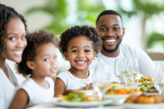 Happy family eating lunch together around table at home