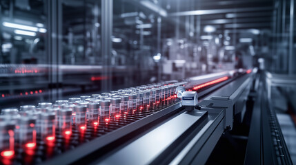 Fototapeta premium A sleek, fast-moving conveyor belt in a pharmaceutical manufacturing plant, where medicine vials are being filled, capped, and labeled by precision robotic systems. The entire proc
