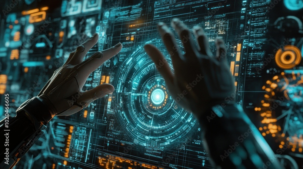Poster a robotic arm and a human hand interact with a digital interface
