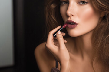 Fototapeta premium Elegant close-up of woman applying dark lipstick, showcasing beauty and sophistication in soft light.