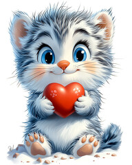 Fototapeta premium A cute cat holding a red heart. The cat is smiling and looking at the camera. The heart is placed in the cat's mouth, and it is a symbol of love or affection. The image conveys a warm
