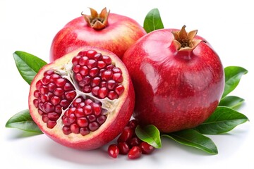 Juicy pomegranate and its half with leaves on white background