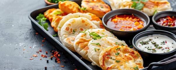 A vibrant platter featuring various types of Indian bread and dips, garnished with herbs and spices, showcasing rich culinary traditions.