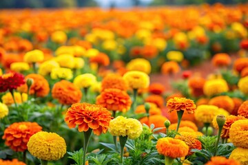 Field of marigolds and nasturtiums flowers viewed from a tilted angle