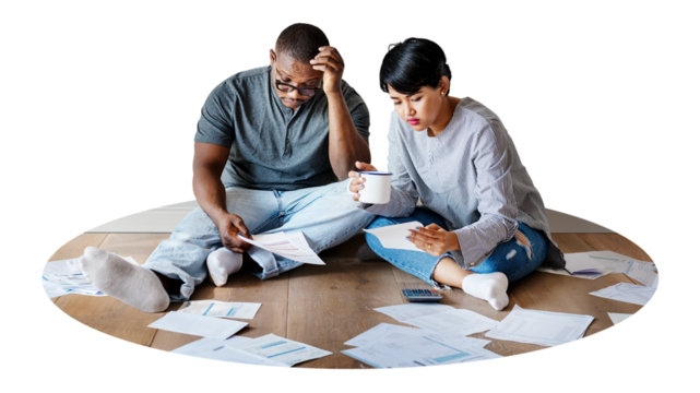 Couple png oval badge sticker, managing debt photo, transparent background