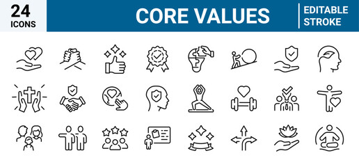 Core value icon collection. Passion, innovative, accountability, diversity, exceptional.