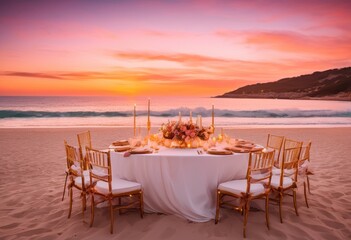 Fototapeta premium romantic luxurious dinner setup beach showcasing elegant table twinkling serene ocean view couples, sunset, lights, atmosphere, seating, ambiance, colors
