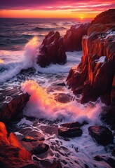 Fototapeta premium dramatic waves crashing rocky coastline capturing breathtaking power vivid color spectrum, ocean, sunset, sky, water, sea, horizon, landscape, evening