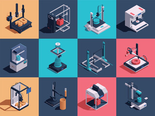 Isometric Illustrations of 3D Printers and Manufacturing Equipment
