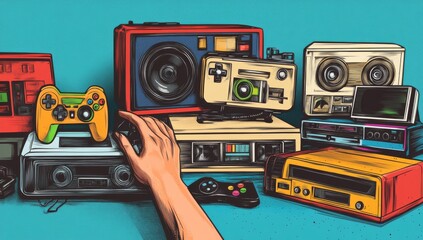 A vintage retro gamepad and hand on a futuristic retro background. 90s retro concept, video game competitions, websites, gaming industry.