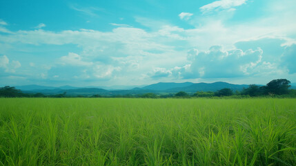 Obraz premium A wide shot of the sky, with a clear blue background and a green grass field in front. The grass is tall, with some white flowers blooming on it. There's no wind, so the long blades of grass should 