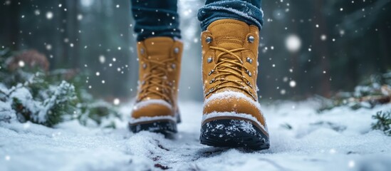Closeup of a pair of yellow hiking boots walking in the snow.