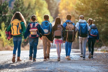 Obraz premium A group of children are walking down a road, each carrying a backpack, generative ai image
