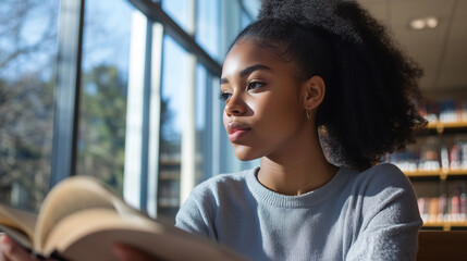 A side profile of a young African American female student sitting in a cozy corner of the college library. She is deeply engaged with an open book in front of her, while sunlight s