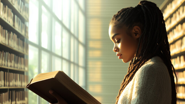 A side profile of a young Black student, her braided hair neatly tied, reading a large educational book in a college library. The serene atmosphere is enhanced by the tall windows