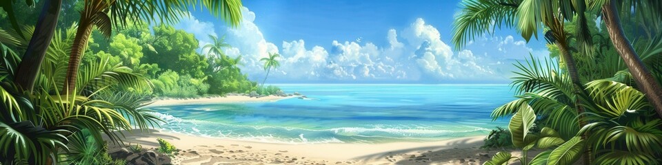 Fototapeta premium Lush tropical greenery blends seamlessly into a peaceful beach, where soft sand meets calm turquoise waves and a clear sky. Generative AI