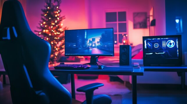 In a futuristic office, a gaming computer sits empty on a desk