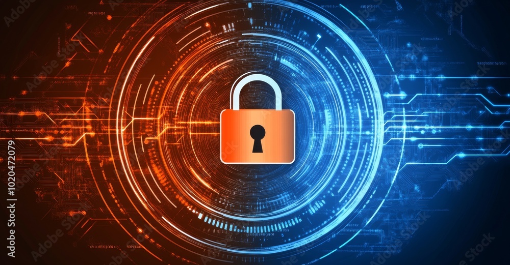 Poster in this digital security background, a high-tech padlock is enclosed in a glowing technological circ